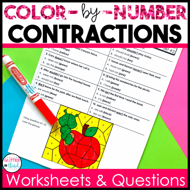 contractions grammar color by number worksheets 3rd