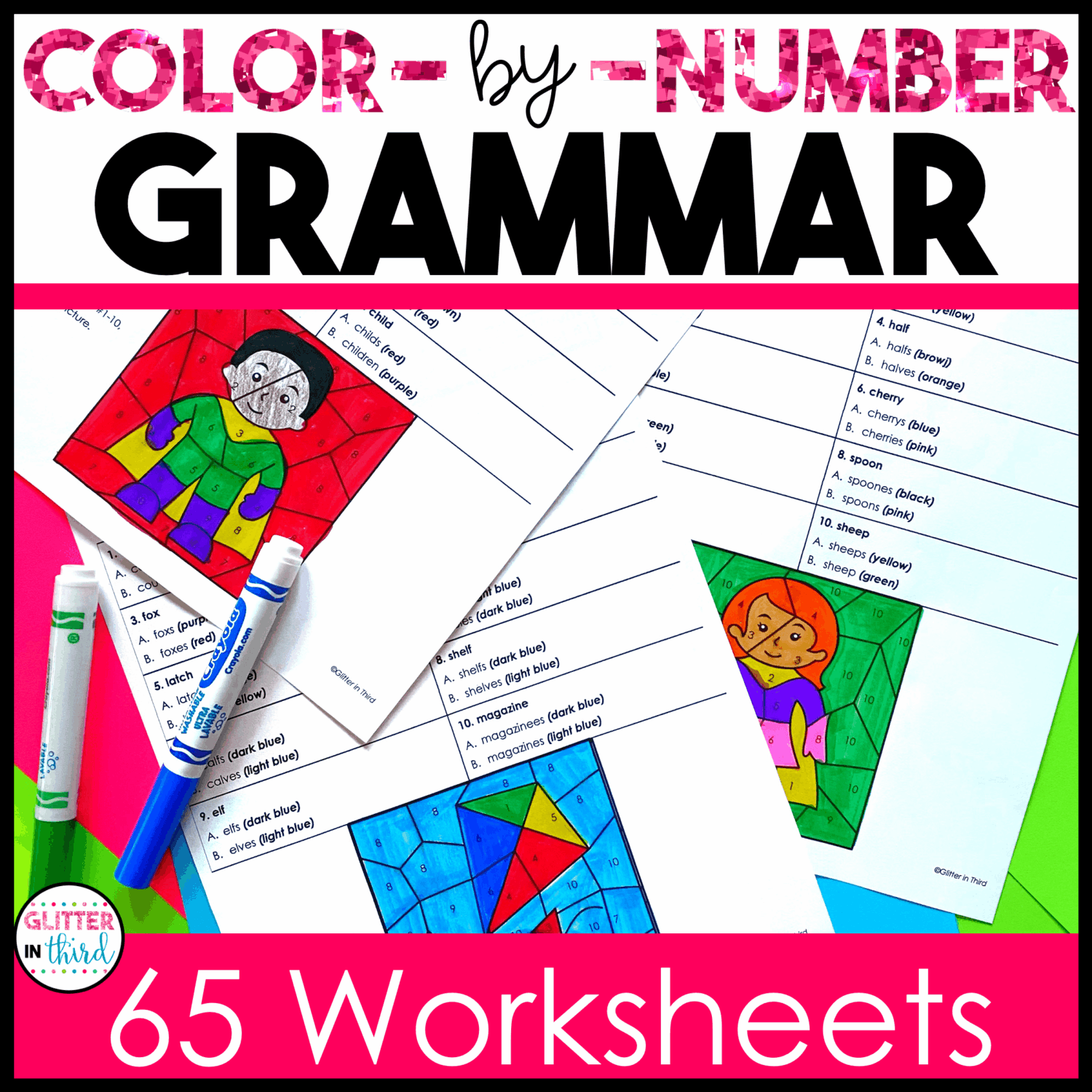 Conjunctions Worksheets Color-By-Number Grammar - Glitter in Third