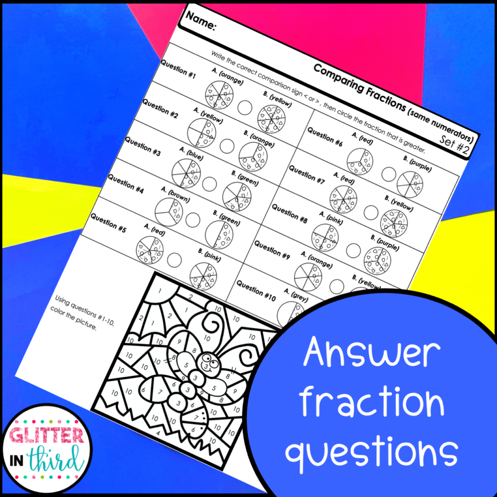 Comparing Fractions Color By Number Worksheets - Glitter in Third