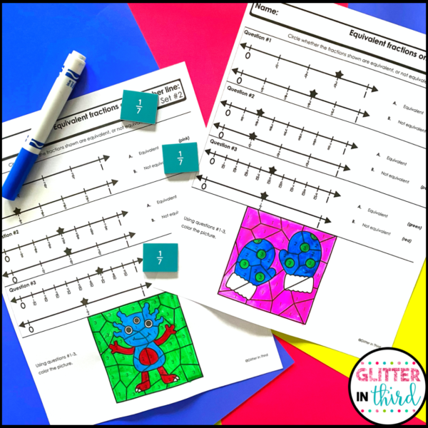 Equivalent Fractions on a Number Line Color By Number Worksheets