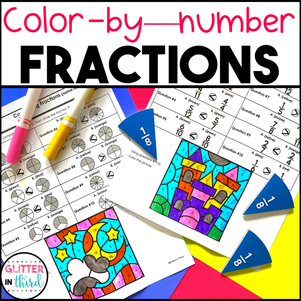 3rd Grade Fractions Color-By-Number Worksheets BUNDLE - Glitter in Third