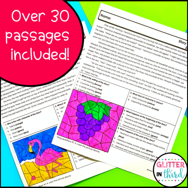 2nd Grade Reading Comprehension Passages and Questions Color By Number Worksheets BUNDLE