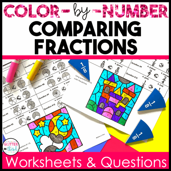 Comparing Fractions Color By Number Worksheets - Glitter in Third