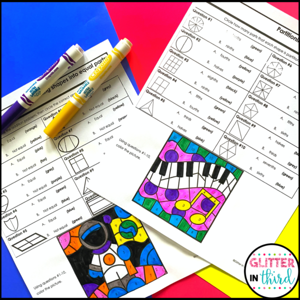 Partitioning Shapes into Equal Parts Color By Number Worksheets