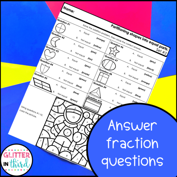 Partitioning Shapes into Equal Parts Color By Number Worksheets