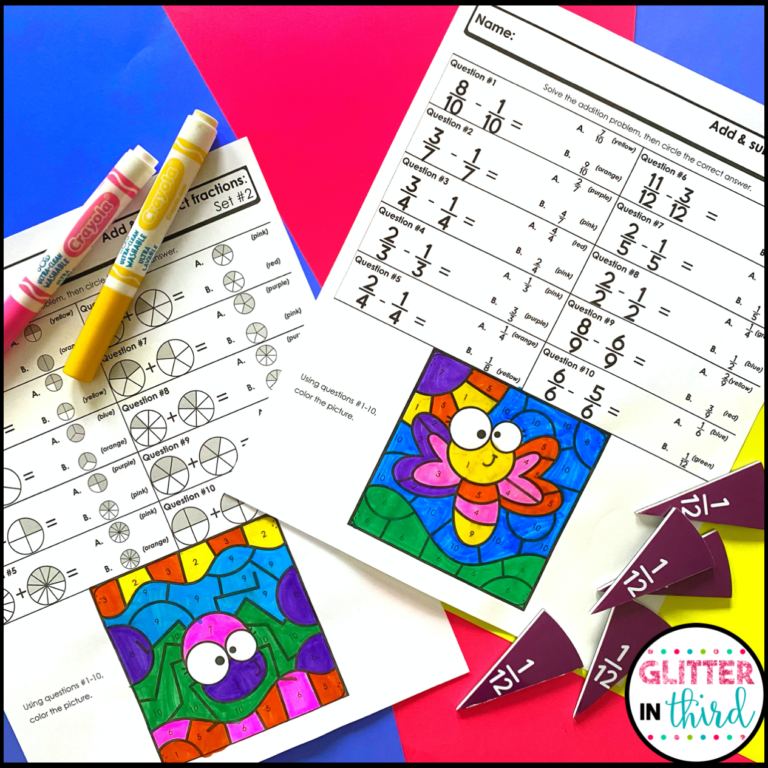 Adding and Subtracting Fractions Color By Number Worksheets - Glitter ...