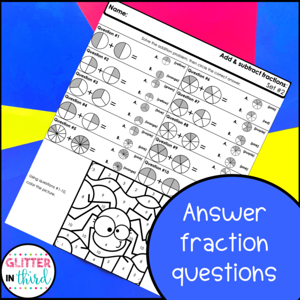 3rd Grade Fractions Color-By-Number Worksheets BUNDLE