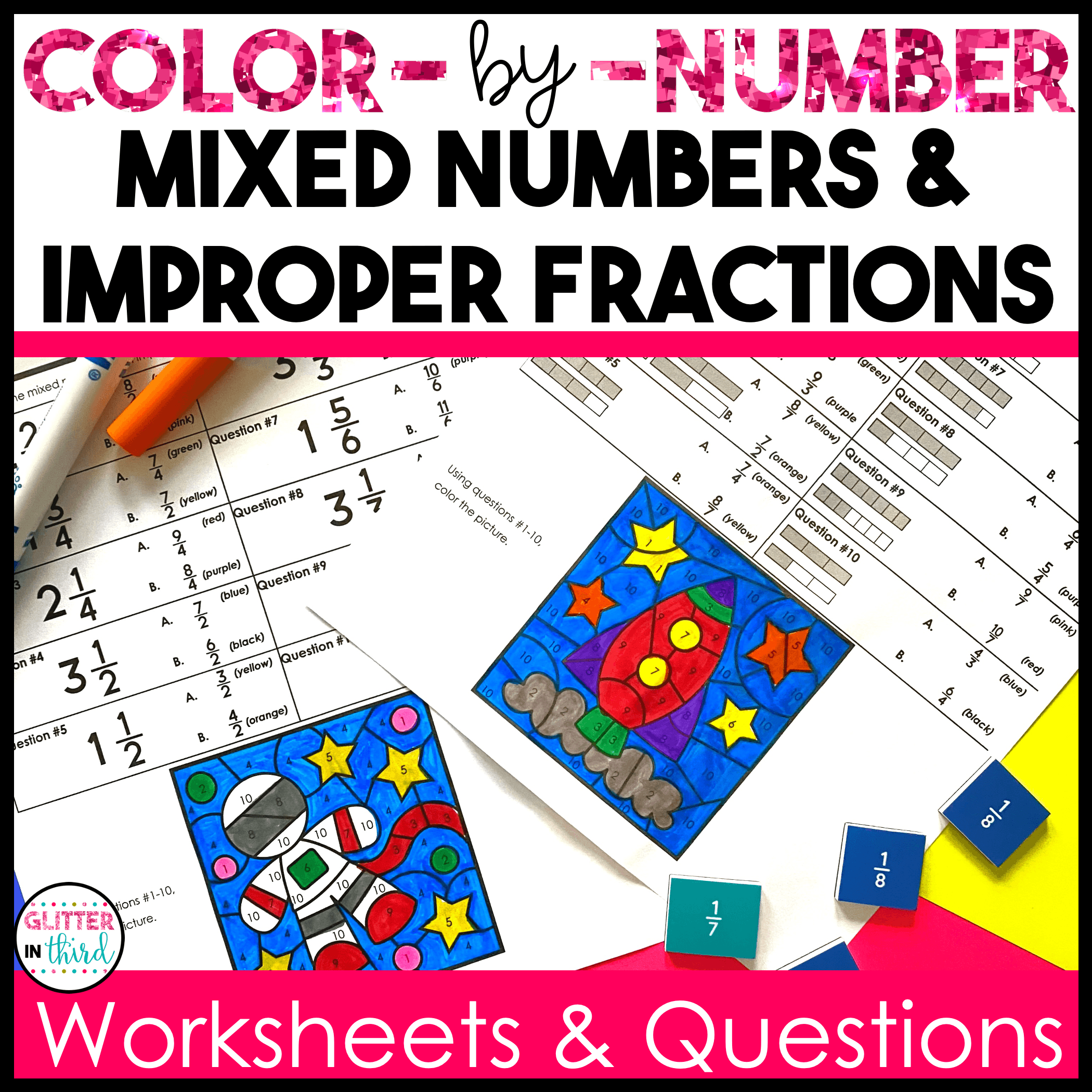 mixed numbers improper fractions color by number 3rd