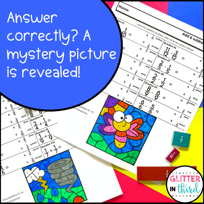 Adding and Subtracting Fractions Color By Number Worksheets - Glitter ...
