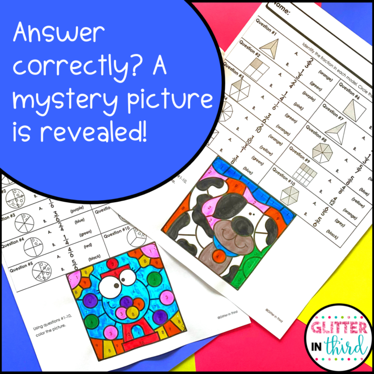 3rd Grade Fractions Color-By-Number Worksheets BUNDLE - Glitter in Third