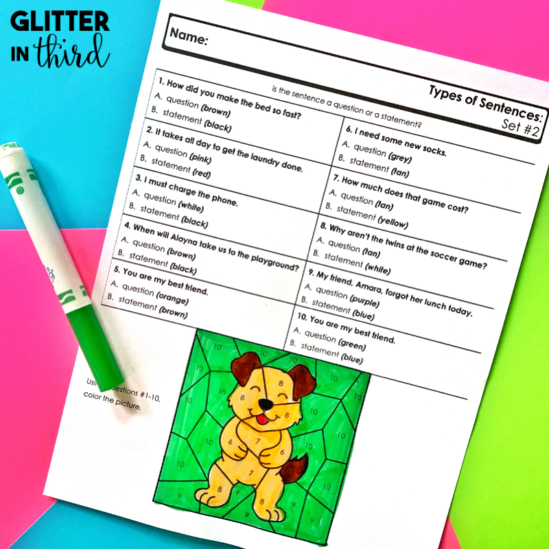 types of sentences worksheets color by number