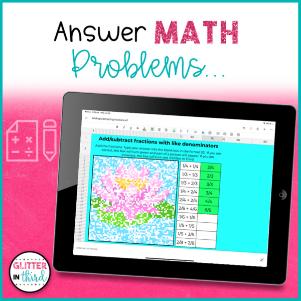 Add and Subtract Fractions with Like Denominators Pixel Art Activities