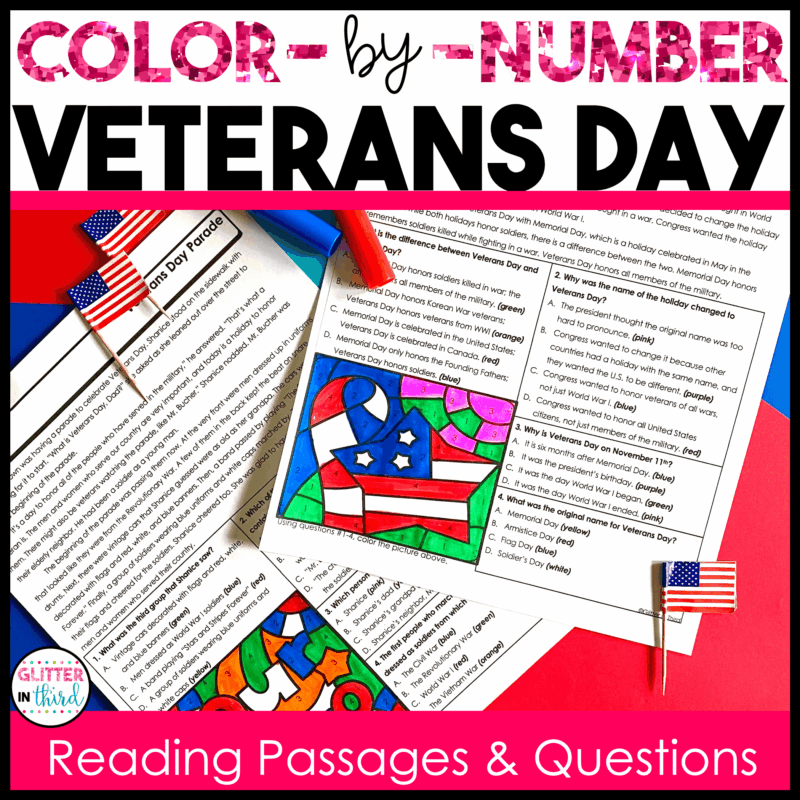 veterans day color by number reading passages 3rd