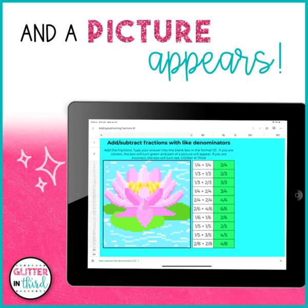 Add and Subtract Fractions with Like Denominators Pixel Art Activities