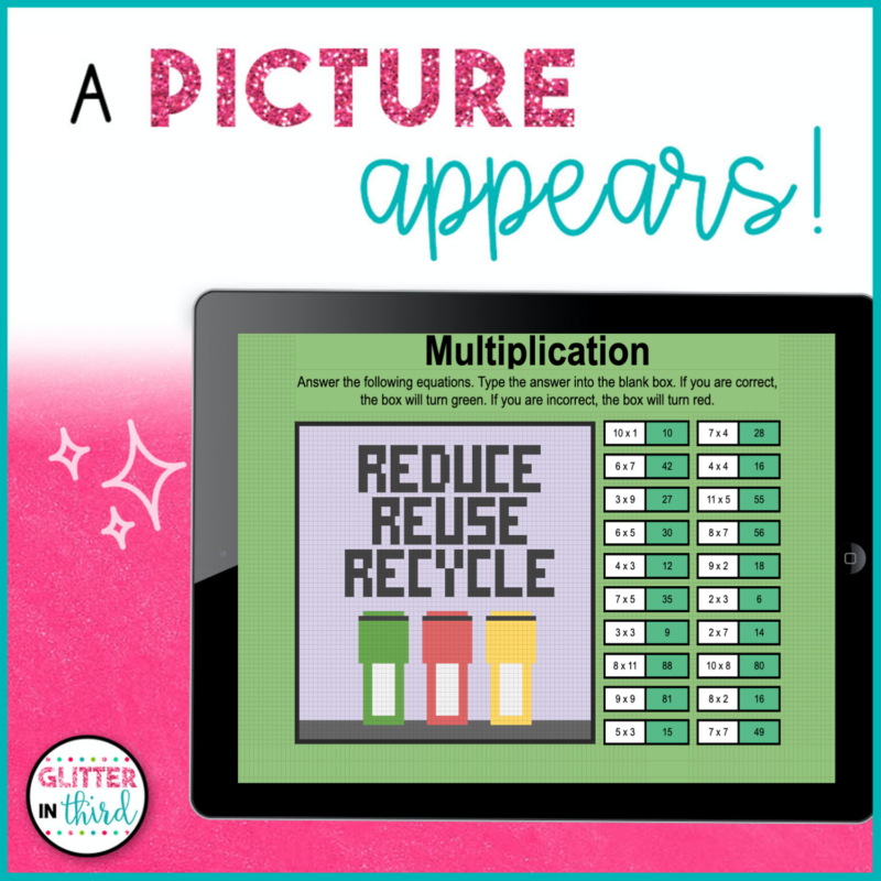 Earth Day Multiplication Math Pixel Art - Glitter in Third