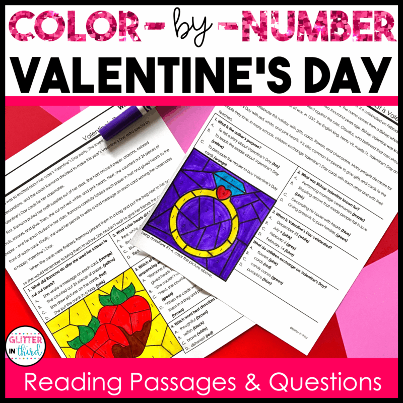 valentine's day color by number reading passages 3rd