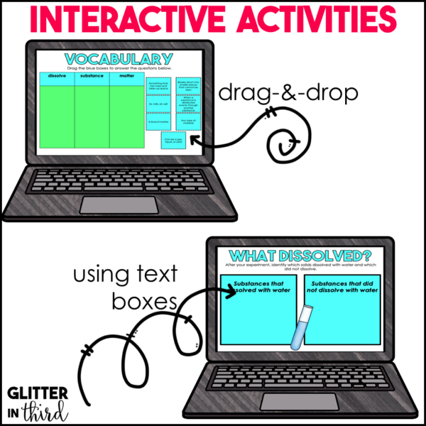 Dissolving Liquids & Solids in Water Activities & Reading Passages for Google Classroom