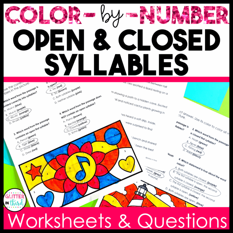 Open & Closed Syllable Worksheets | Color by Number Phonics Activities (Grades 2-3)