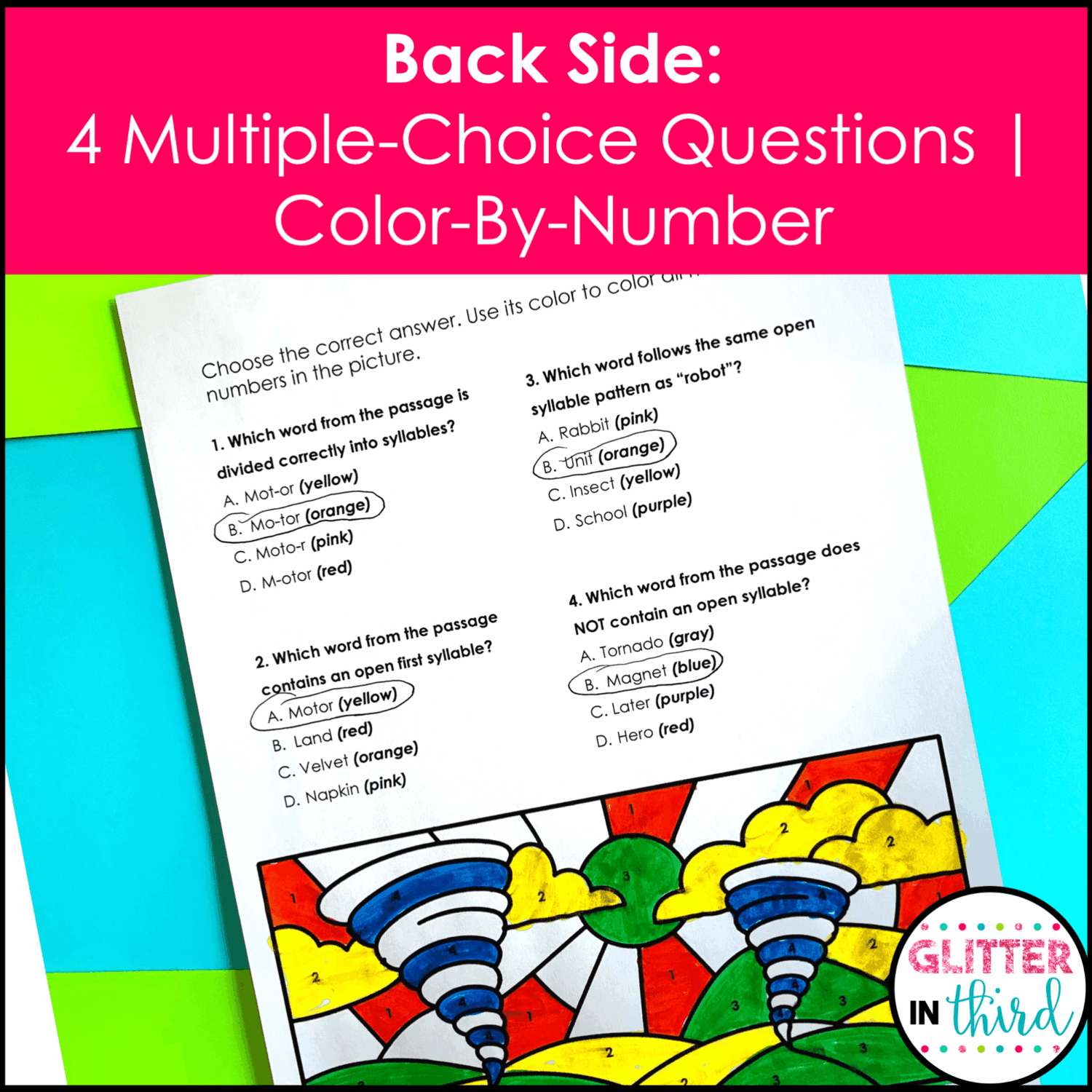 Open & Closed Syllable Worksheets | Color by Number Phonics Activities (Grades 2-3)
