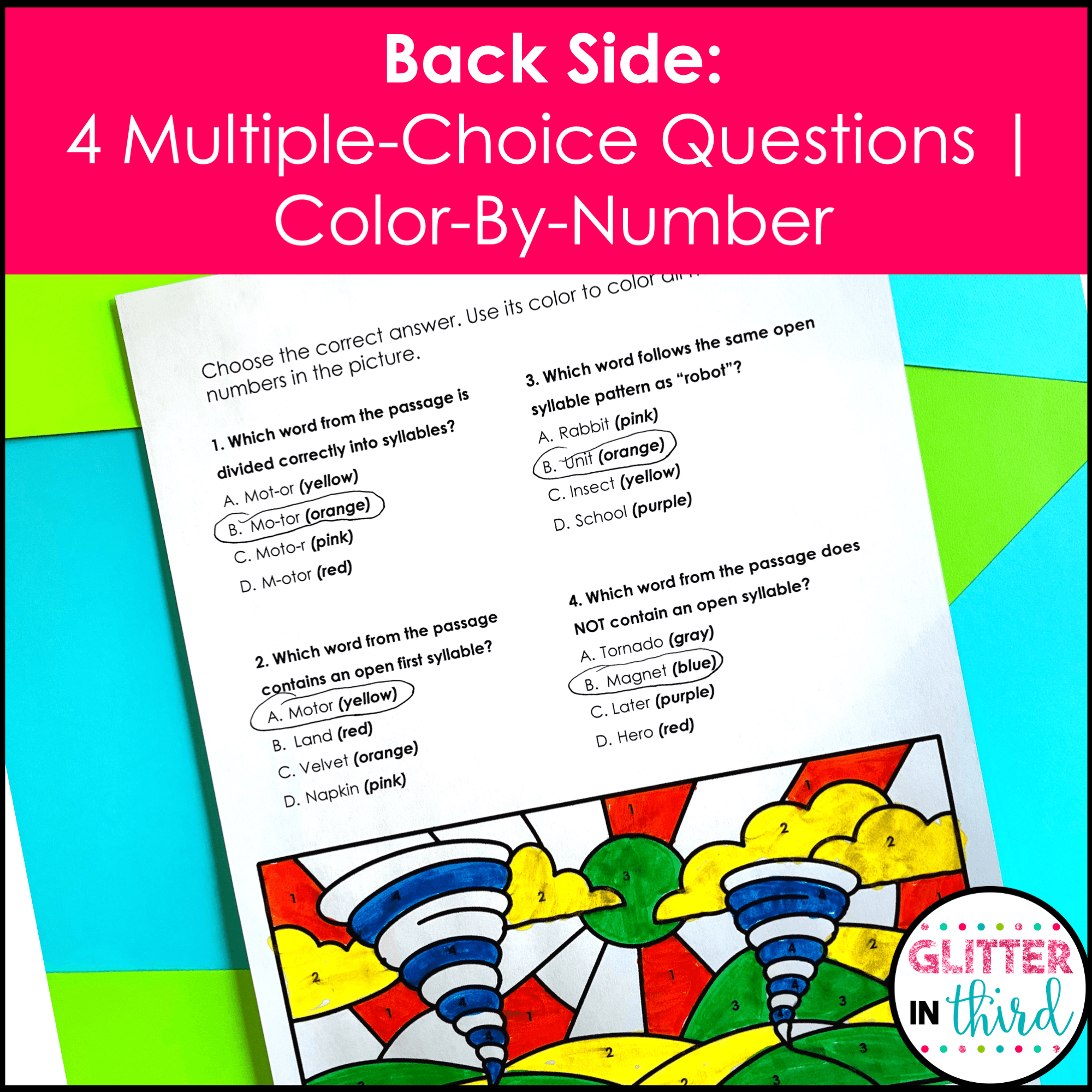 Open & Closed Syllable Worksheets | Color by Number Phonics Activities (Grades 2-3)