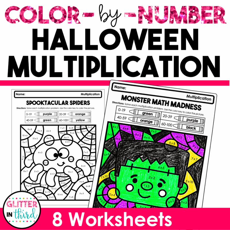 Halloween multiplication color by number worksheets for 3rd grade with printable Halloween mystery pictures and multiplication facts 0–12.