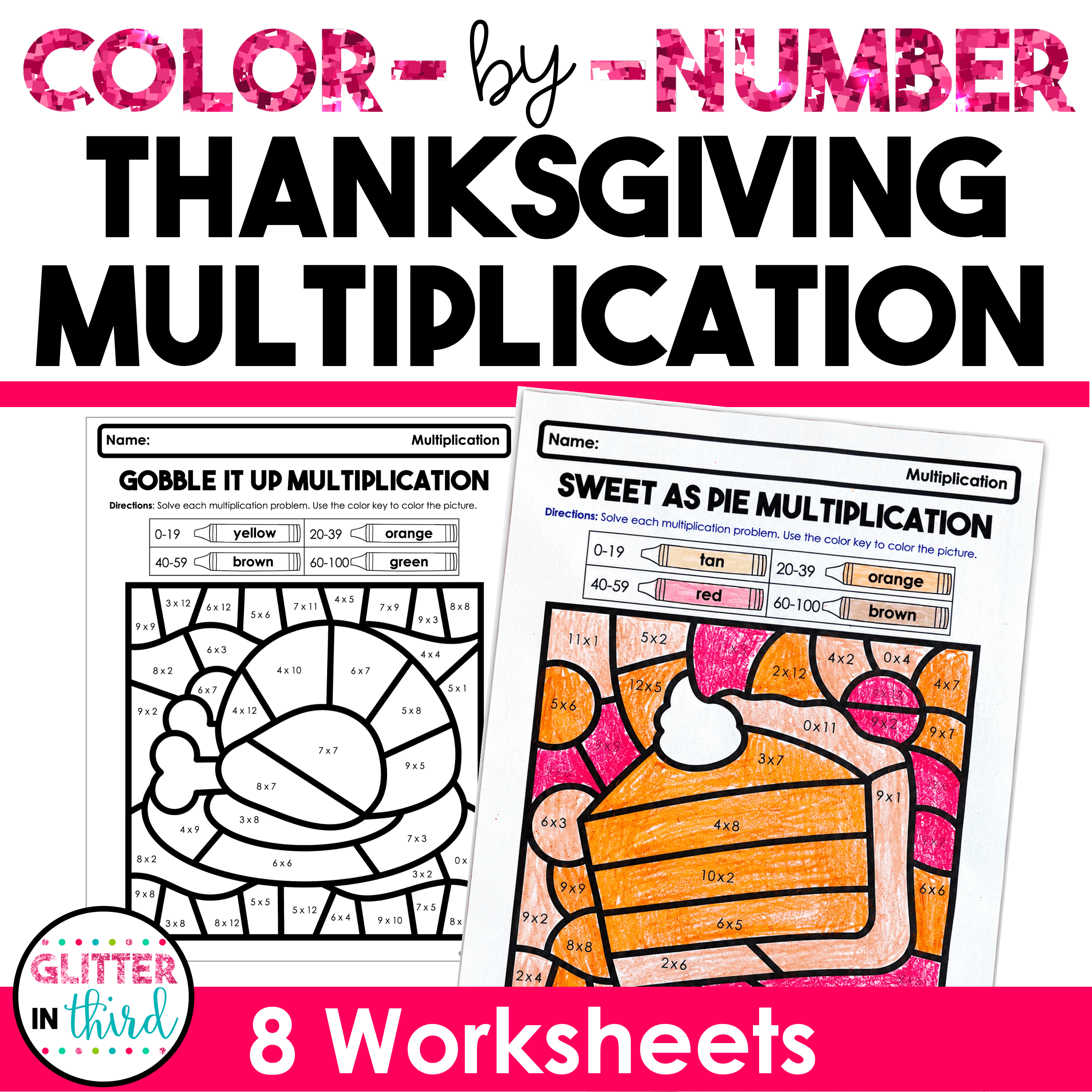 Thanksgiving Multiplication Worksheets | Glitter in Third