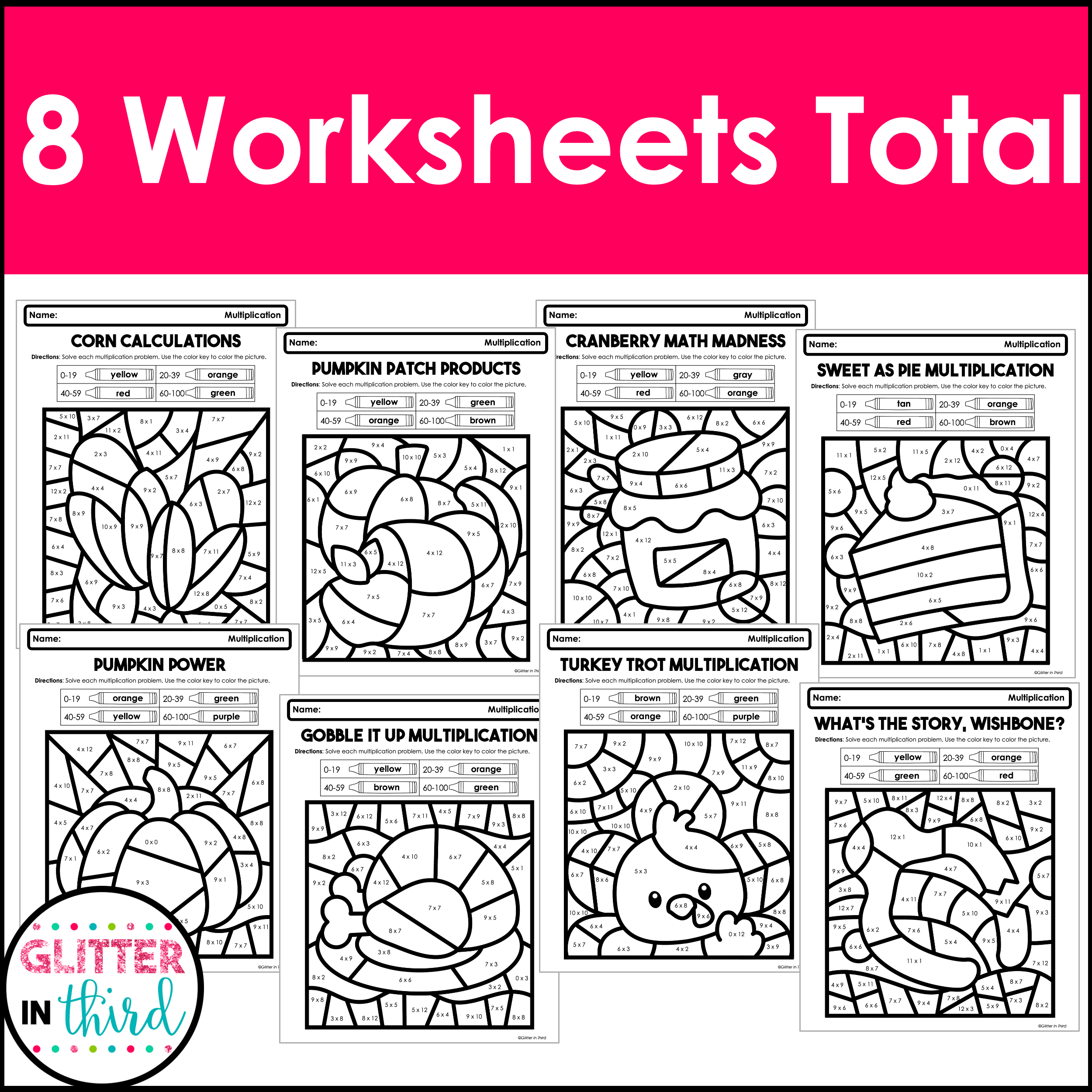 Thanksgiving Multiplication Worksheets | Glitter in Third