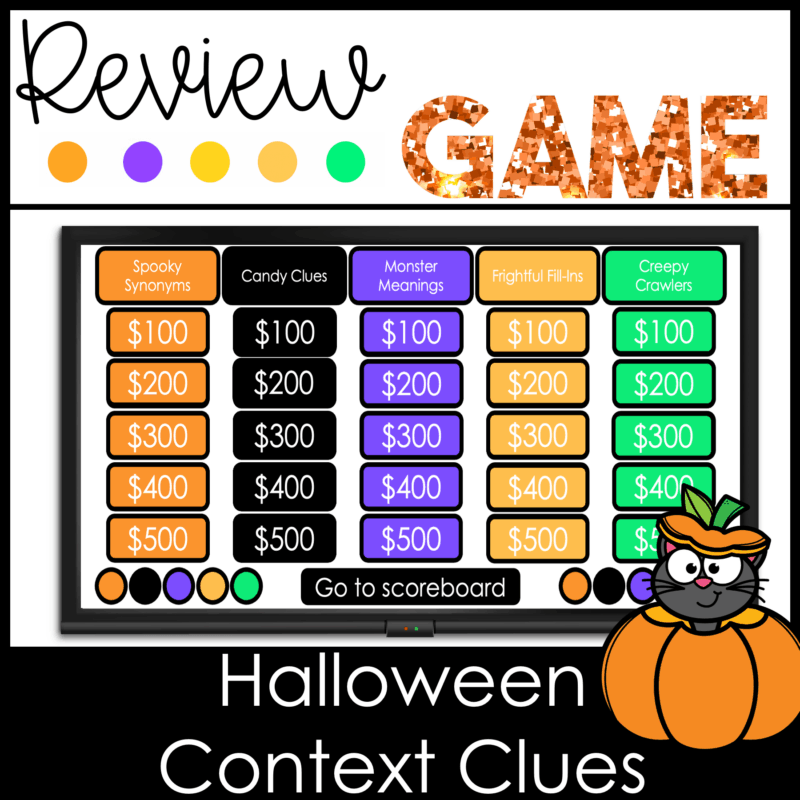 Halloween context clues Jeopardy game for 3rd grade reading and vocabulary review